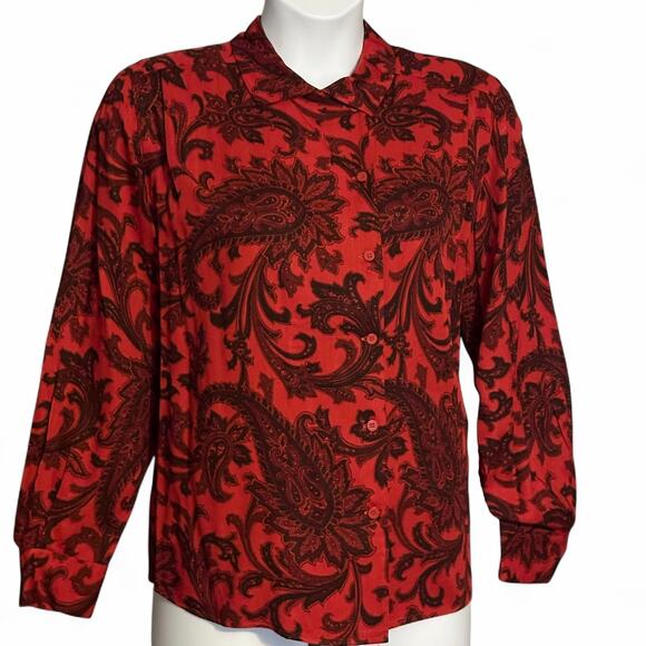 Vintage 90s Rena Rowan for Saville Blouse Size 12 Red Black Paisley Office Chic - Picture 2 of 9